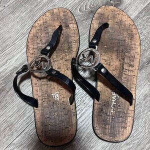 Michael Kors Black Patent Logo Thong Sandals with Cork-Style Footbed